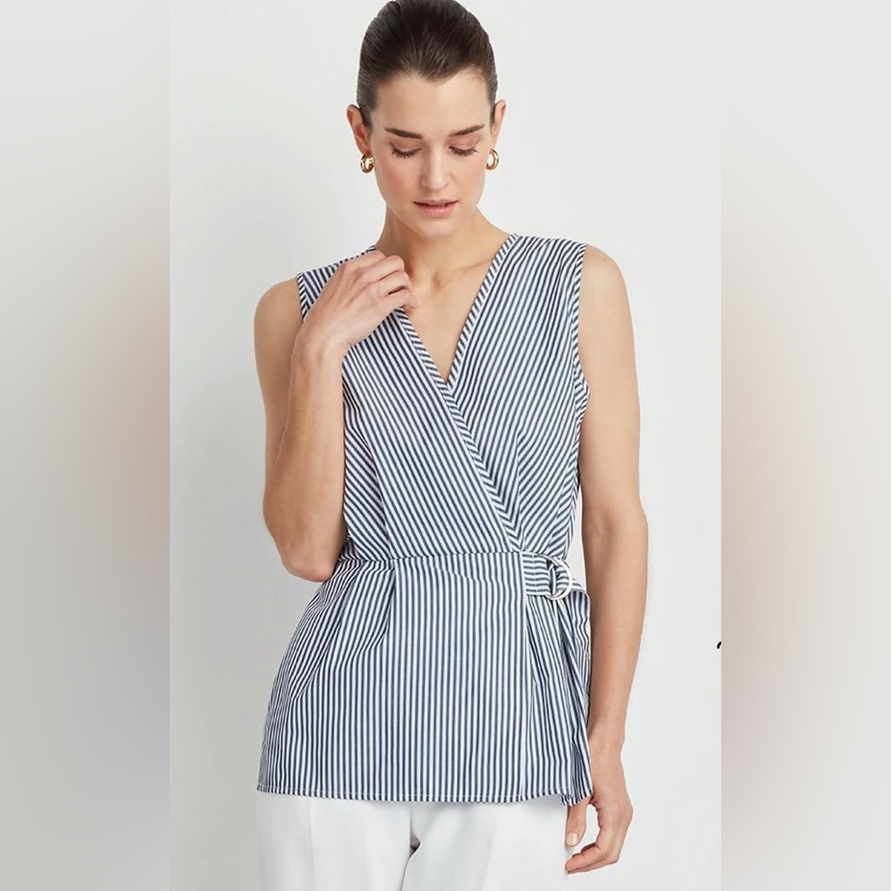 NWT Ellen Tracy Sleeveless Blue Pinstripe Poplin Wrap Top Sz L